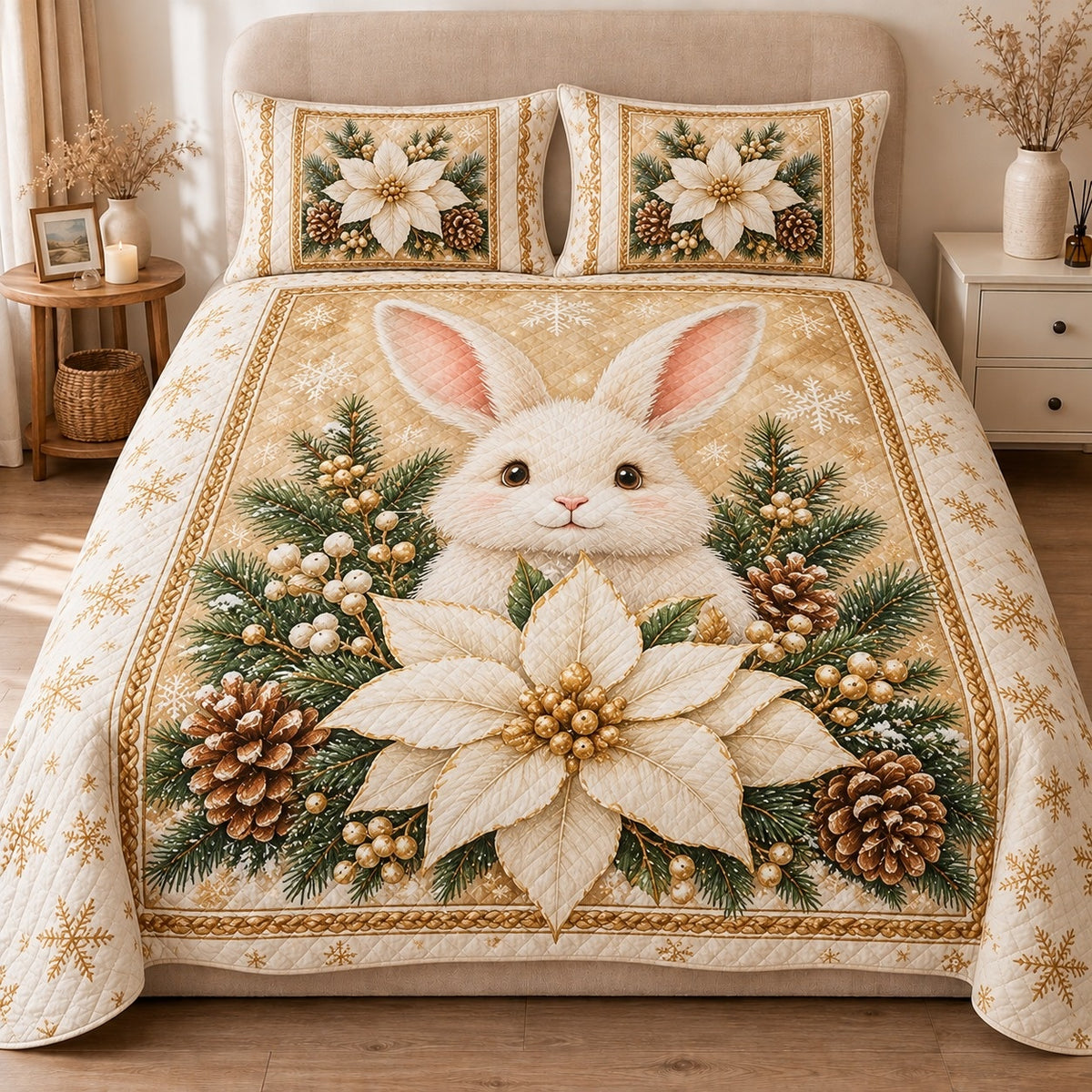 AI mockup, front view of a white bunny behind an ivory poinsettia among pine cones and evergreen branches on cream and gold, quilt and two matching printed pillowcases in a neutral bedroom.