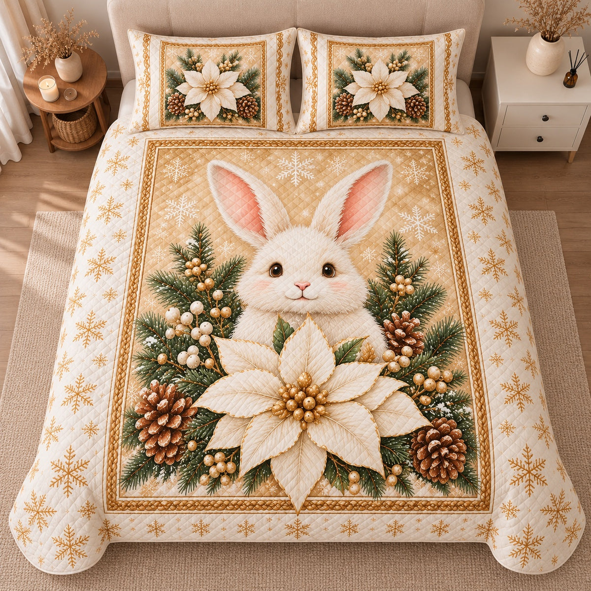 AI mockup, high centered overhead view of a white bunny behind an ivory poinsettia among pine cones and evergreen branches on cream and gold, quilt and two matching printed pillowcases in a neutral bedroom.