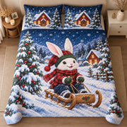 AI mockup, high centered overhead view of a Christmas rabbit on a sled quilt set with snowy cottage pillowcases in a neutral bedroom.