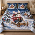 Christmas Rabbit Quilt Set, Snowy Cottage and Sled, Cozy Gift for Bunny Lovers