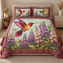 Hummingbird Quilt Set, Purple Lupines and Jewel Tones, Gift for Bird Lovers