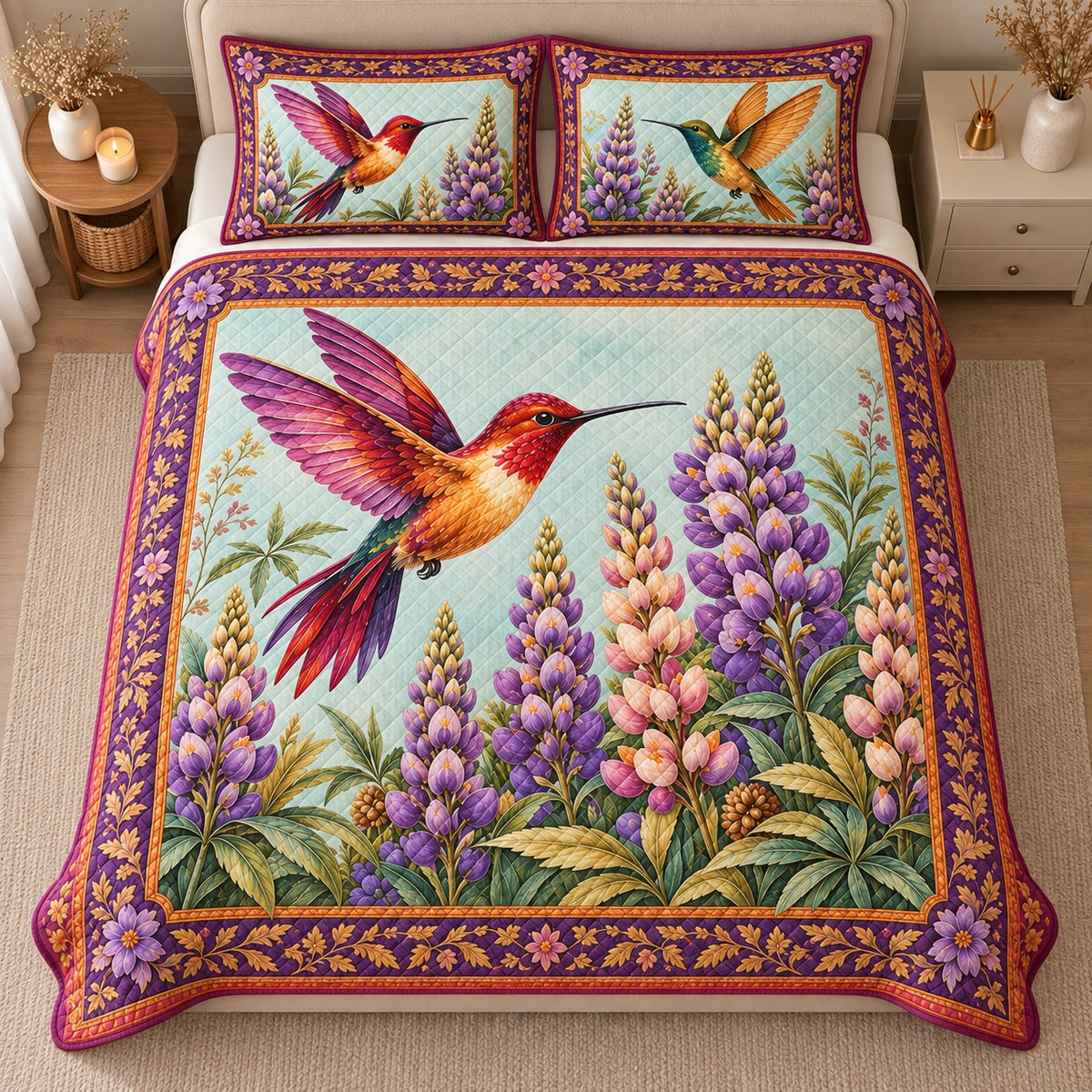 AI mockup, high centered overhead view of colorful hummingbirds hovering over purple lupines with a purple and gold floral border, quilt and two matching printed pillowcases in a neutral bedroom.