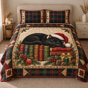 AI mockup, front view of a sleeping black cat in a Santa hat resting on vintage books amid Christmas greenery and a tartan border, quilt and two matching printed pillowcases in a neutral bedroom.