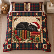 AI mockup, high centered overhead view of a sleeping black cat in a Santa hat resting on vintage books amid Christmas greenery and a tartan border, quilt and two matching printed pillowcases in a neutral bedroom.