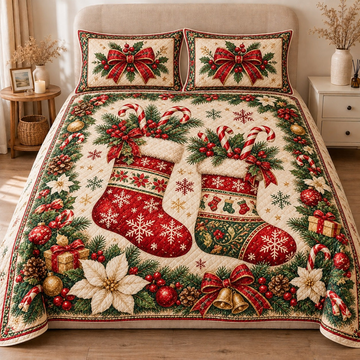 AI mockup, front view of two red patterned stockings filled with candy canes and holly, white poinsettias and Christmas ornaments, quilt and two matching printed pillowcases in a neutral bedroom.