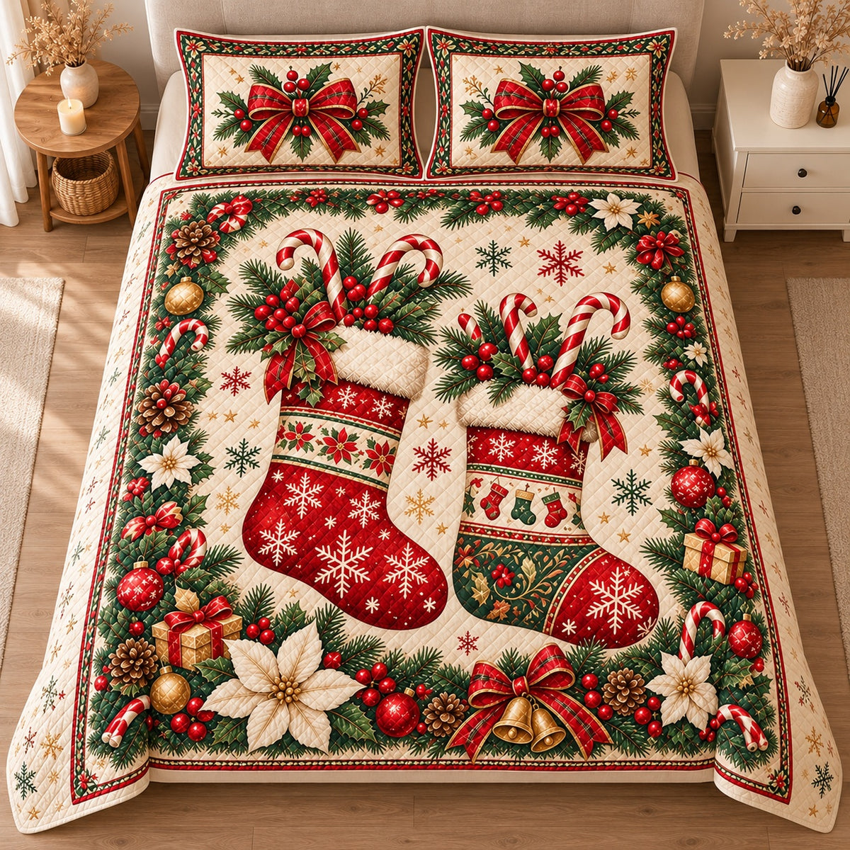 AI mockup, high centered overhead view of two red patterned stockings filled with candy canes and holly, white poinsettias and Christmas ornaments, quilt and two matching printed pillowcases in a neutral bedroom.