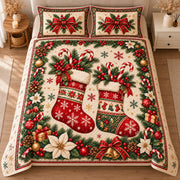 AI mockup, high centered overhead view of two red patterned stockings filled with candy canes and holly, white poinsettias and Christmas ornaments, quilt and two matching printed pillowcases in a neutral bedroom.