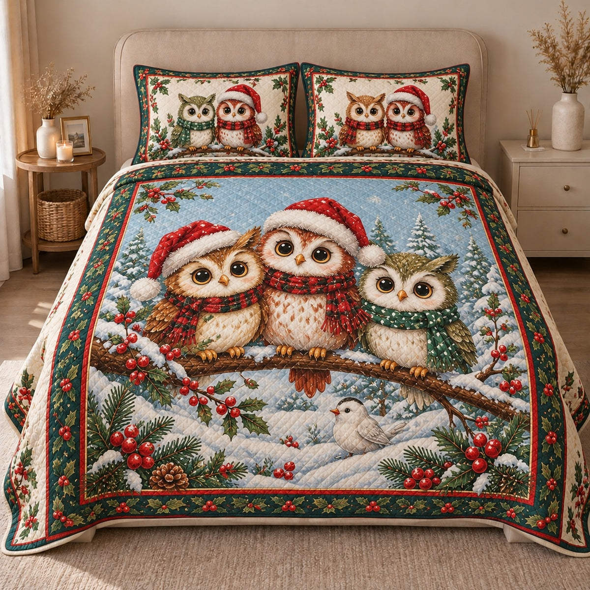 AI mockup, front view of three owls sitting on a snowy branch, two wearing Santa hats, framed by holly, quilt and two matching printed pillowcases in a neutral bedroom.