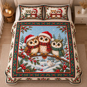 AI mockup, high centered overhead view of three owls sitting on a snowy branch, two wearing Santa hats, framed by holly, quilt and two matching printed pillowcases in a neutral bedroom.