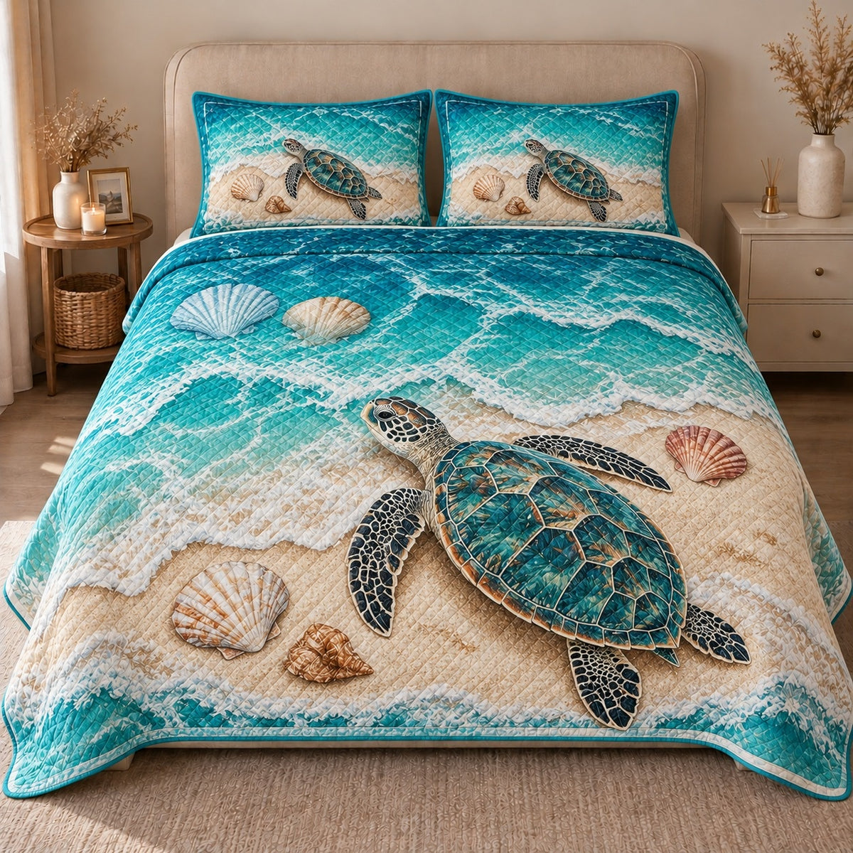 AI mockup, front view of one sea turtle on a sandy beach with shells and turquoise foaming surf, quilt and two matching printed pillowcases in a neutral bedroom.