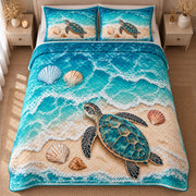 AI mockup, high centered overhead view of one sea turtle on a sandy beach with shells and turquoise foaming surf, quilt and two matching printed pillowcases in a neutral bedroom.