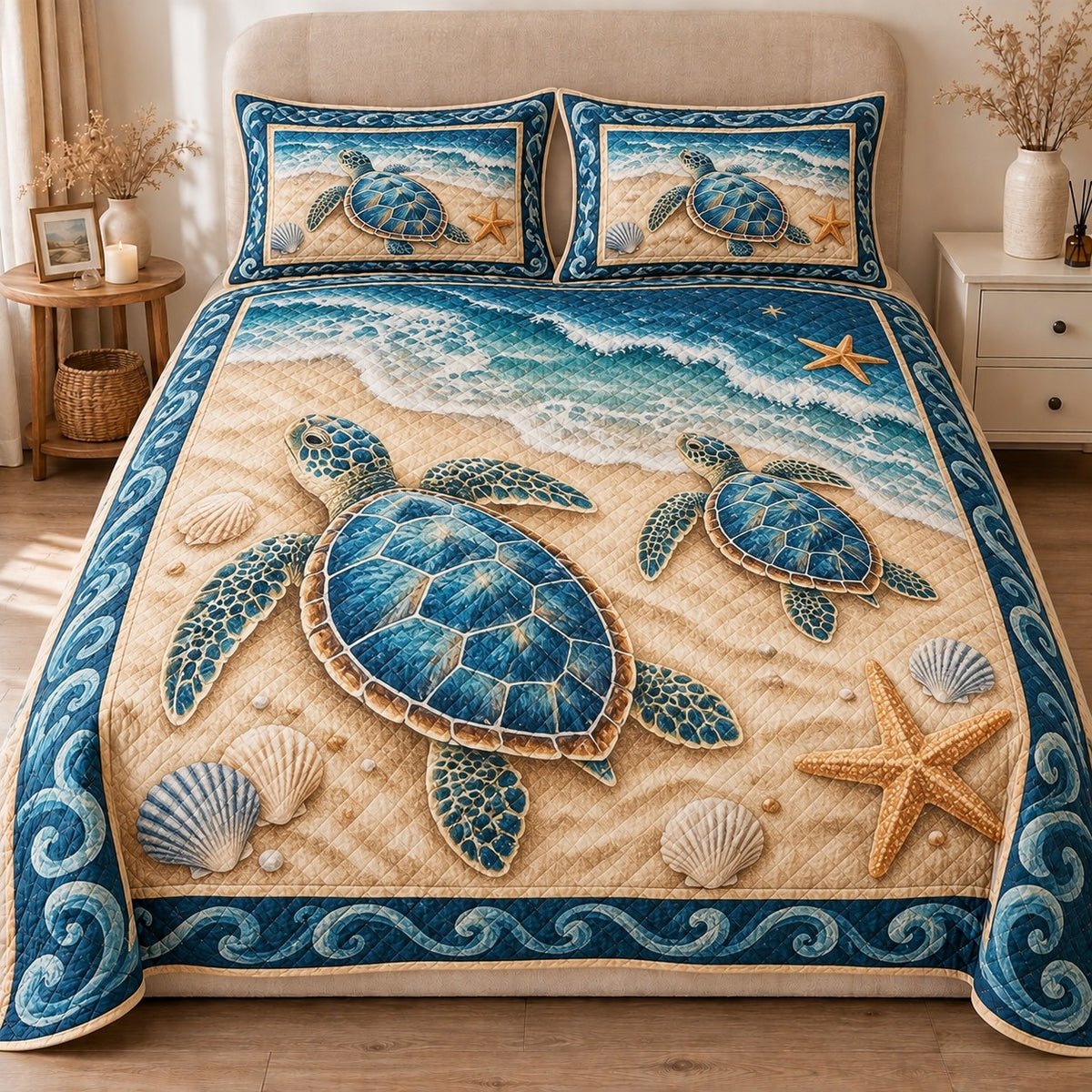AI mockup, front view of two sea turtles on golden sand with shells, starfish and a blue ocean wave border, quilt and two matching printed pillowcases in a neutral bedroom.