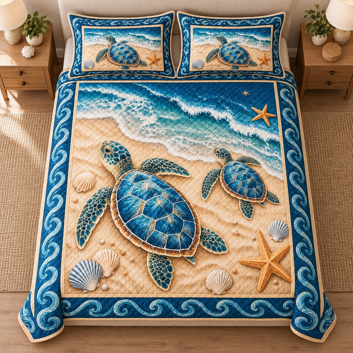 AI mockup, high centered overhead view of two sea turtles on golden sand with shells, starfish and a blue ocean wave border, quilt and two matching printed pillowcases in a neutral bedroom.