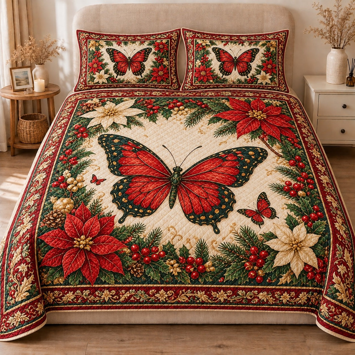 AI mockup, front view of a red butterfly with dark green wing edges surrounded by red and ivory poinsettias and holly, quilt and two matching printed pillowcases in a neutral bedroom.