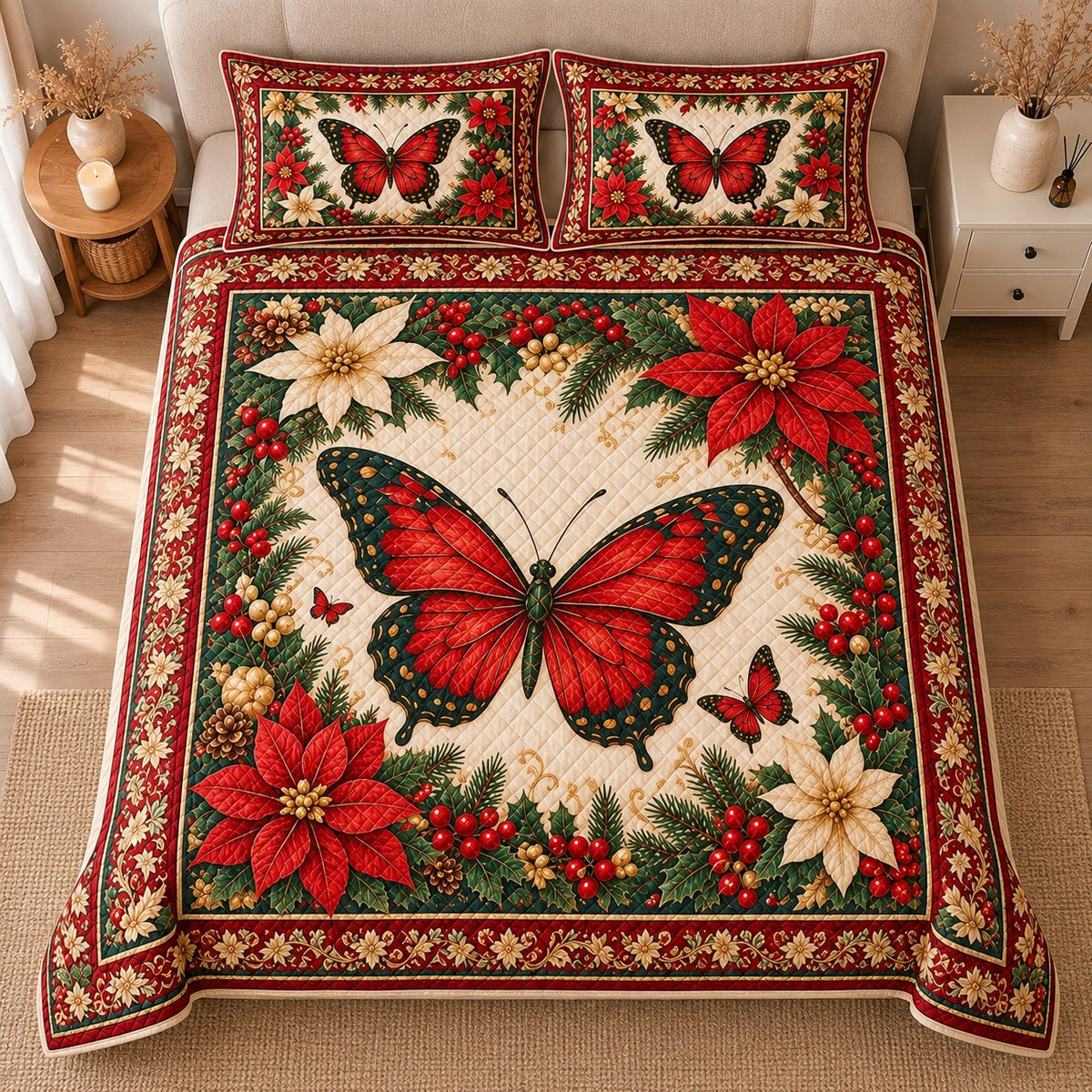 AI mockup, high centered overhead view of a red butterfly with dark green wing edges surrounded by red and ivory poinsettias and holly, quilt and two matching printed pillowcases in a neutral bedroom.