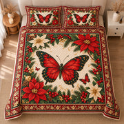 AI mockup, high centered overhead view of a red butterfly with dark green wing edges surrounded by red and ivory poinsettias and holly, quilt and two matching printed pillowcases in a neutral bedroom.