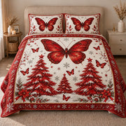 AI mockup, front view of a large red butterfly above crimson Christmas trees with snowflakes and smaller butterflies on ivory, quilt and two matching printed pillowcases in a neutral bedroom.