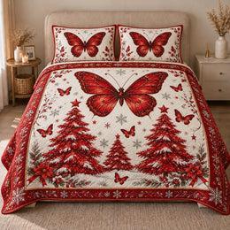 Red Butterfly Quilt Set, Snowy Crimson Christmas Trees, Gift for Butterfly Lovers