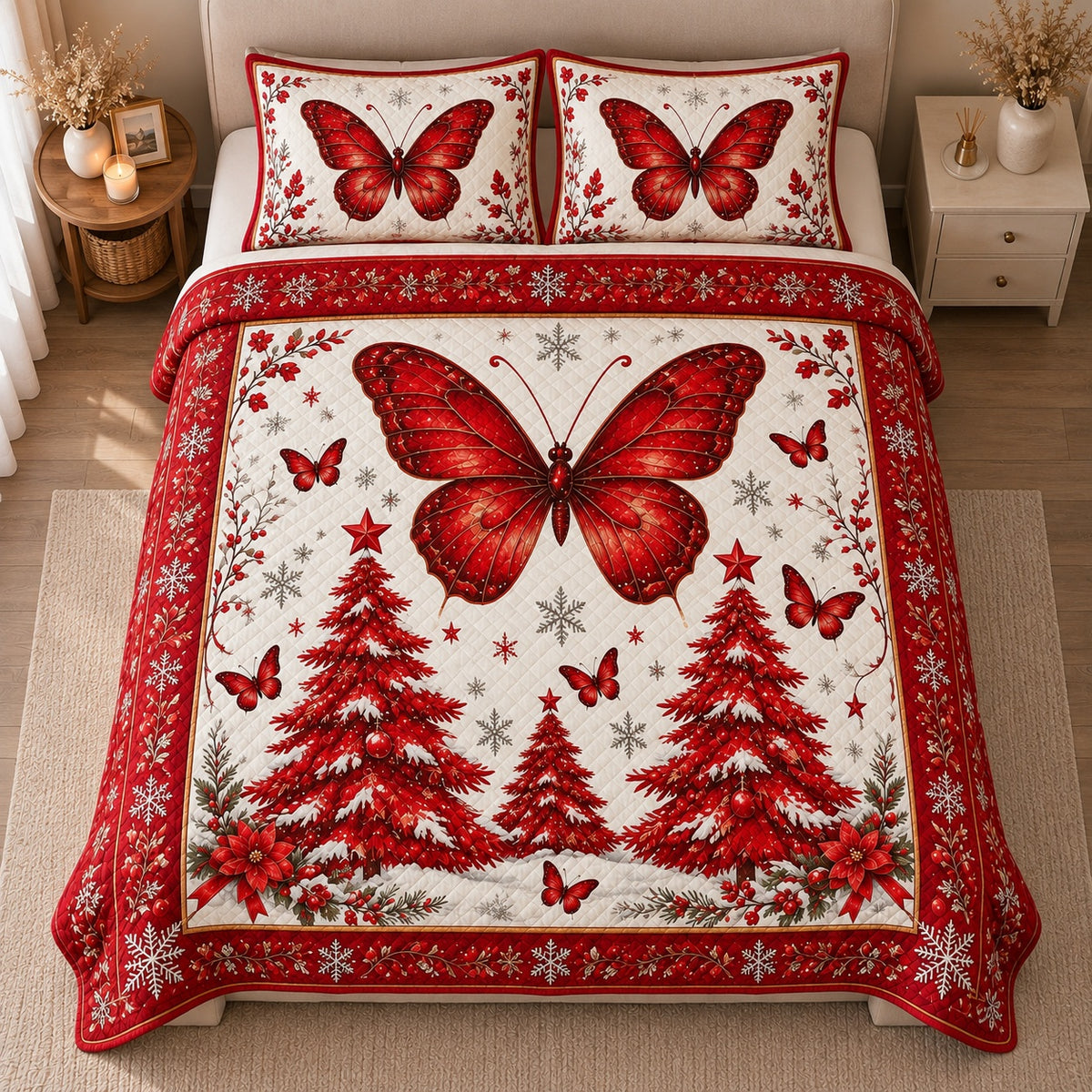 AI mockup, high centered overhead view of a large red butterfly above crimson Christmas trees with snowflakes and smaller butterflies on ivory, quilt and two matching printed pillowcases in a neutral bedroom.