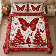AI mockup, high centered overhead view of a large red butterfly above crimson Christmas trees with snowflakes and smaller butterflies on ivory, quilt and two matching printed pillowcases in a neutral bedroom.