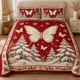 Ivory Butterfly Quilt Set, Snowy Pines on Festive Red, Gift for Butterfly Lovers