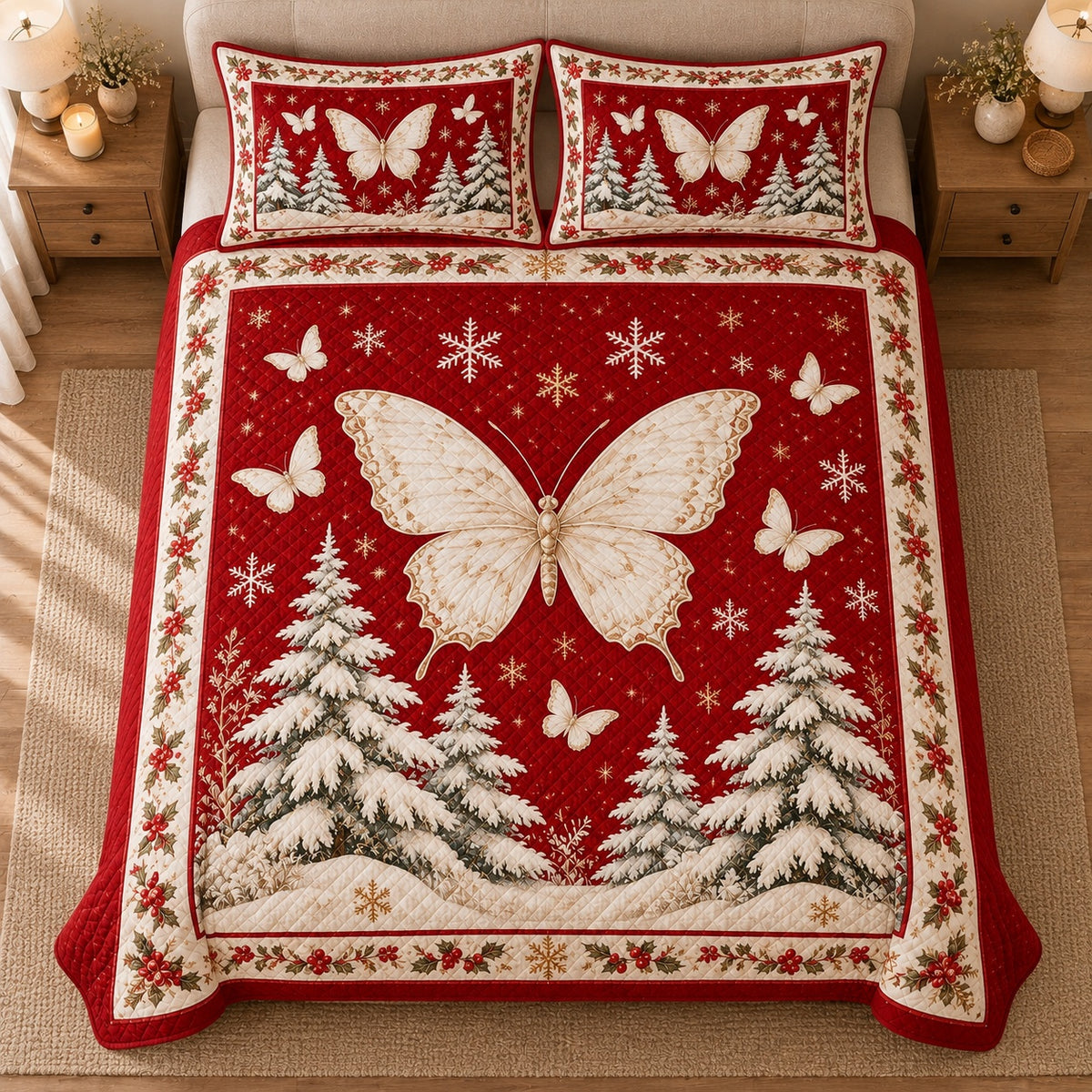 AI mockup, high centered overhead view of an ivory butterfly above snowy white pine trees on rich red with snowflakes, quilt and two matching printed pillowcases in a neutral bedroom.