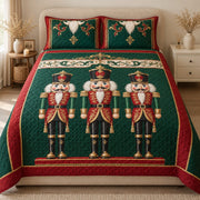 AI mockup, front view of three red green and gold nutcracker soldiers on emerald green with ornate red and gold borders, quilt and two matching printed pillowcases in a neutral bedroom.