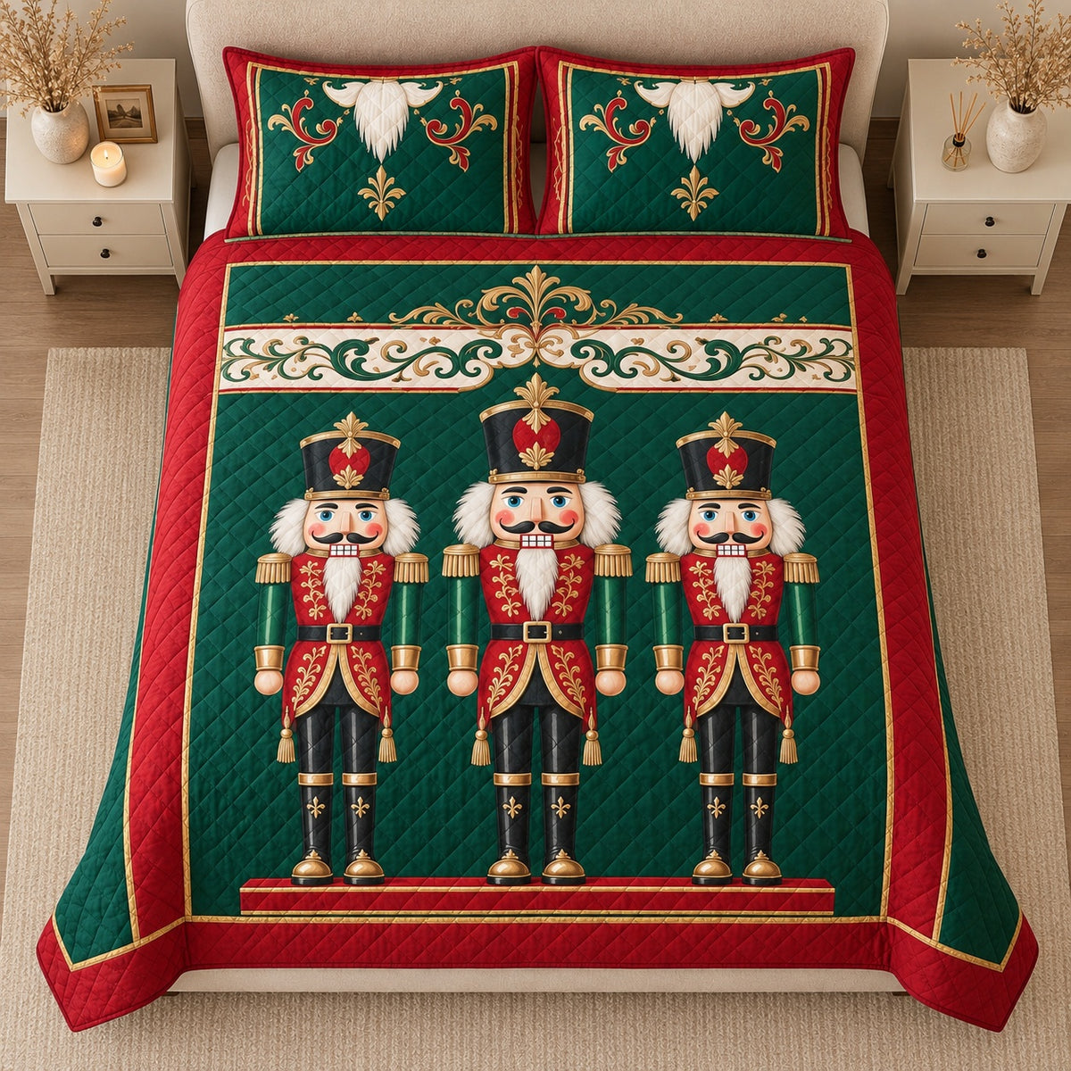 AI mockup, high centered overhead view of three red green and gold nutcracker soldiers on emerald green with ornate red and gold borders, quilt and two matching printed pillowcases in a neutral bedroom.