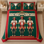AI mockup, high centered overhead view of three red green and gold nutcracker soldiers on emerald green with ornate red and gold borders, quilt and two matching printed pillowcases in a neutral bedroom.