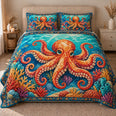 Octopus Quilt Set, Orange Tentacles and Colorful Coral, Gift for Ocean Lovers