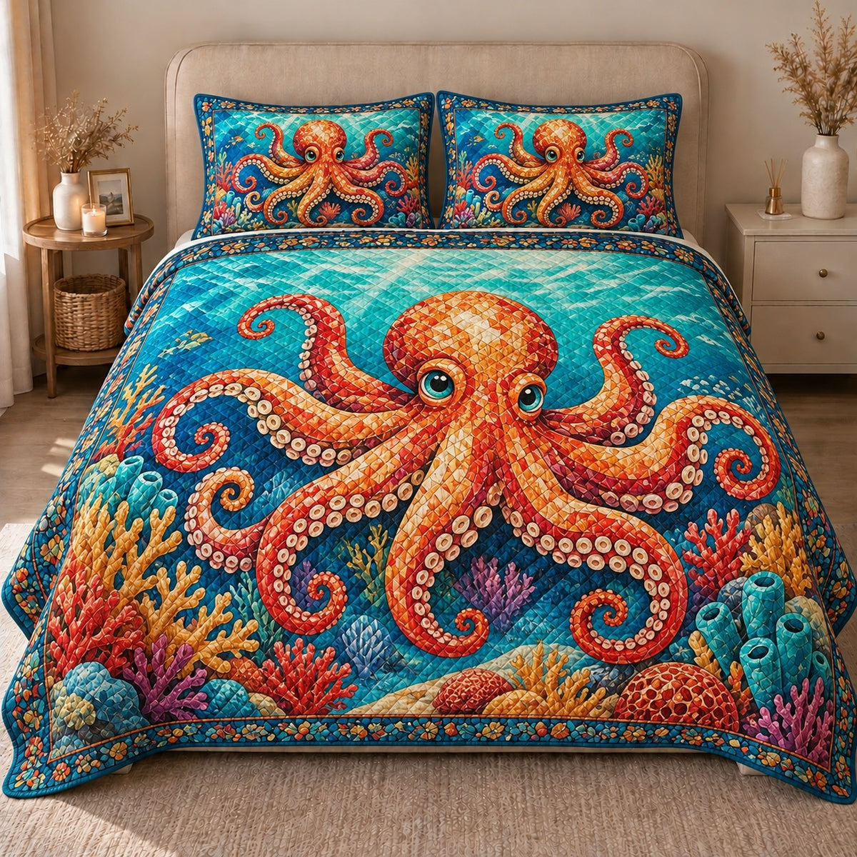 AI mockup, front view of a bright orange octopus with curling tentacles amid colorful coral in turquoise water, quilt and two matching printed pillowcases in a neutral bedroom.