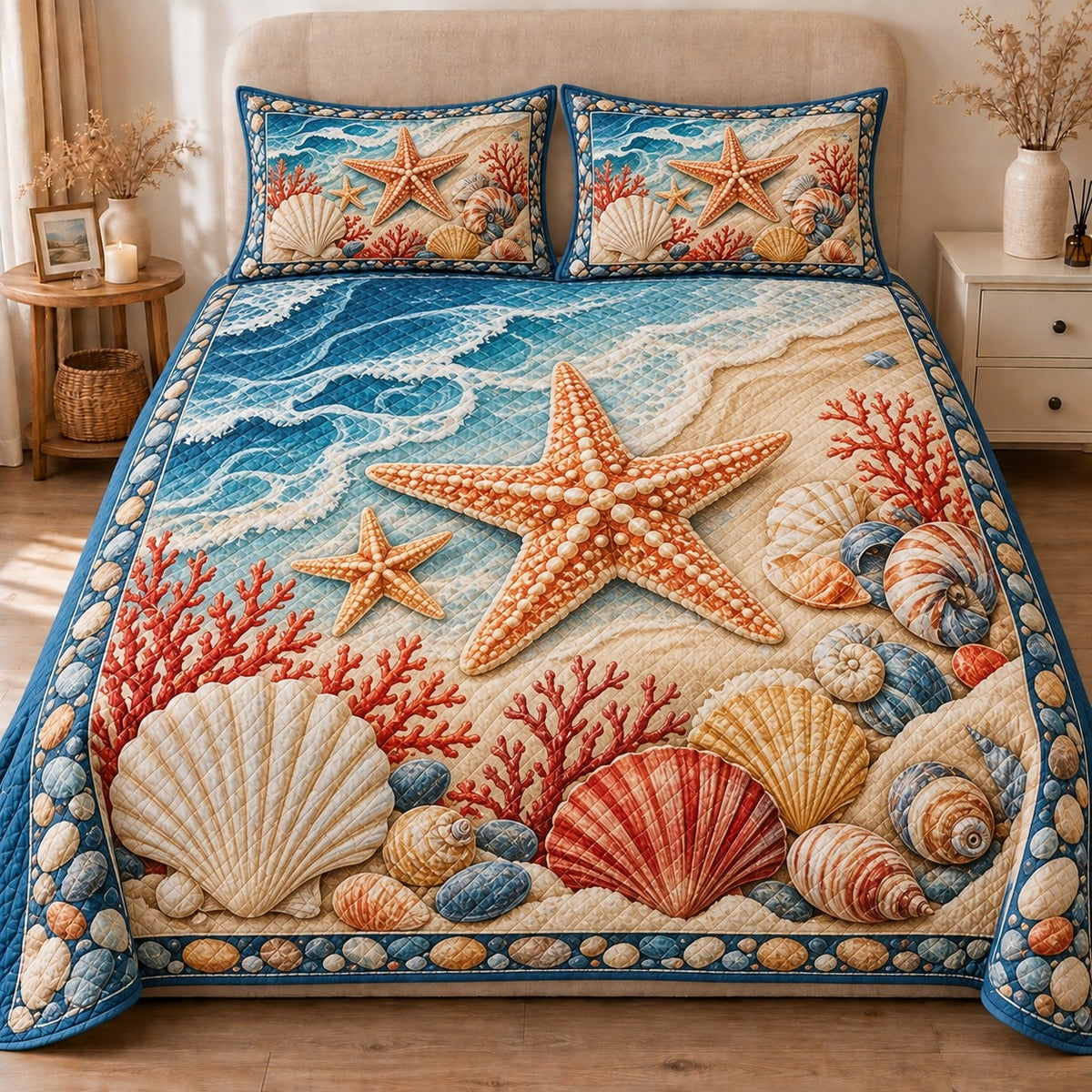 AI mockup, front view of large orange starfish, layered seashells and coral on sand beside blue ocean waves, quilt and two matching printed pillowcases in a neutral bedroom.