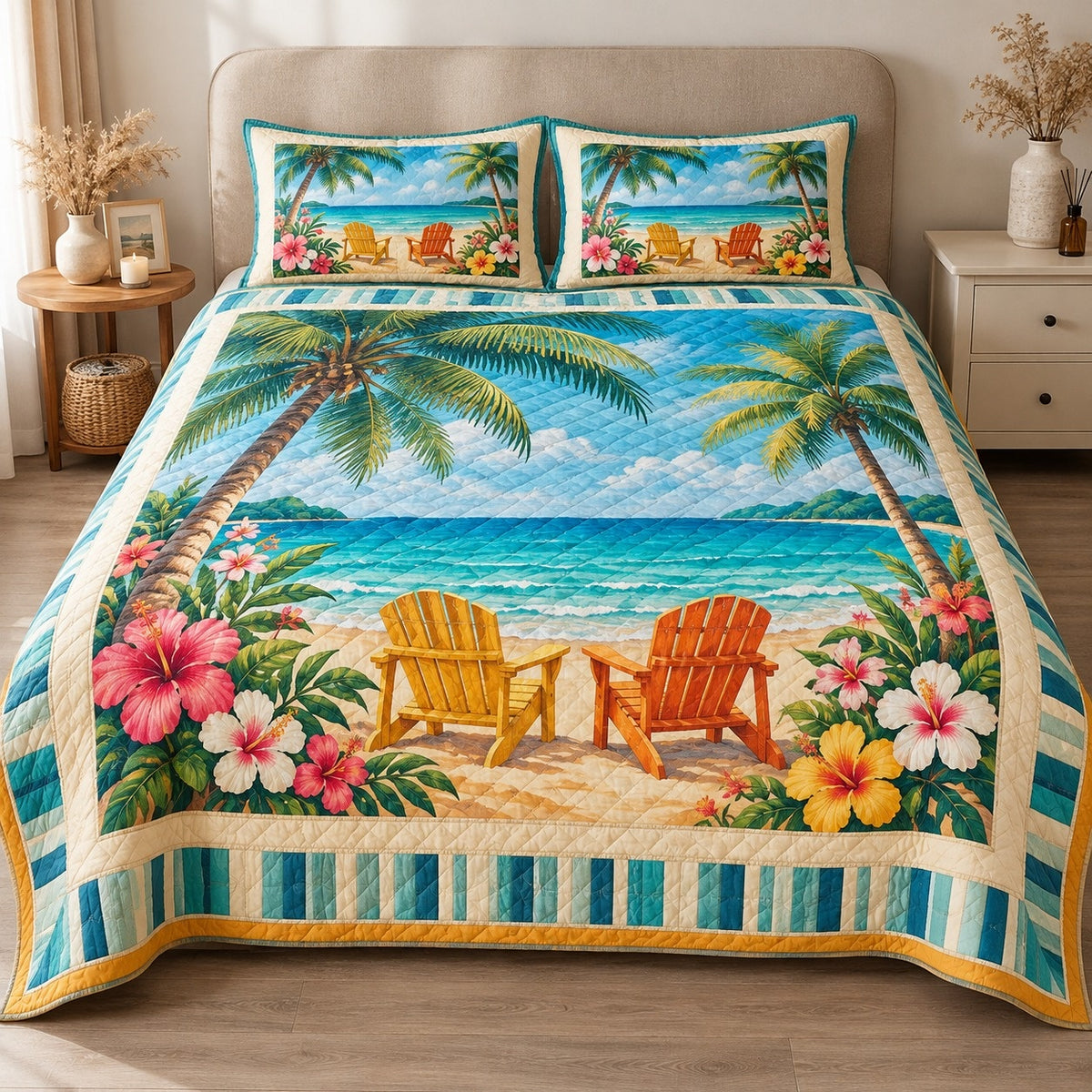 AI mockup, front view of two bright Adirondack chairs on a tropical beach with palm trees, hibiscus and turquoise sea, quilt and two matching printed pillowcases in a neutral bedroom.