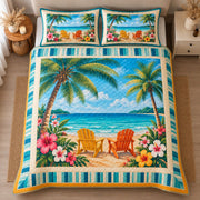 AI mockup, high centered overhead view of two bright Adirondack chairs on a tropical beach with palm trees, hibiscus and turquoise sea, quilt and two matching printed pillowcases in a neutral bedroom.