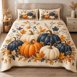 Autumn Pumpkin Quilt Set, Navy Orange and Ivory Harvest, Gift for Fall Lovers
