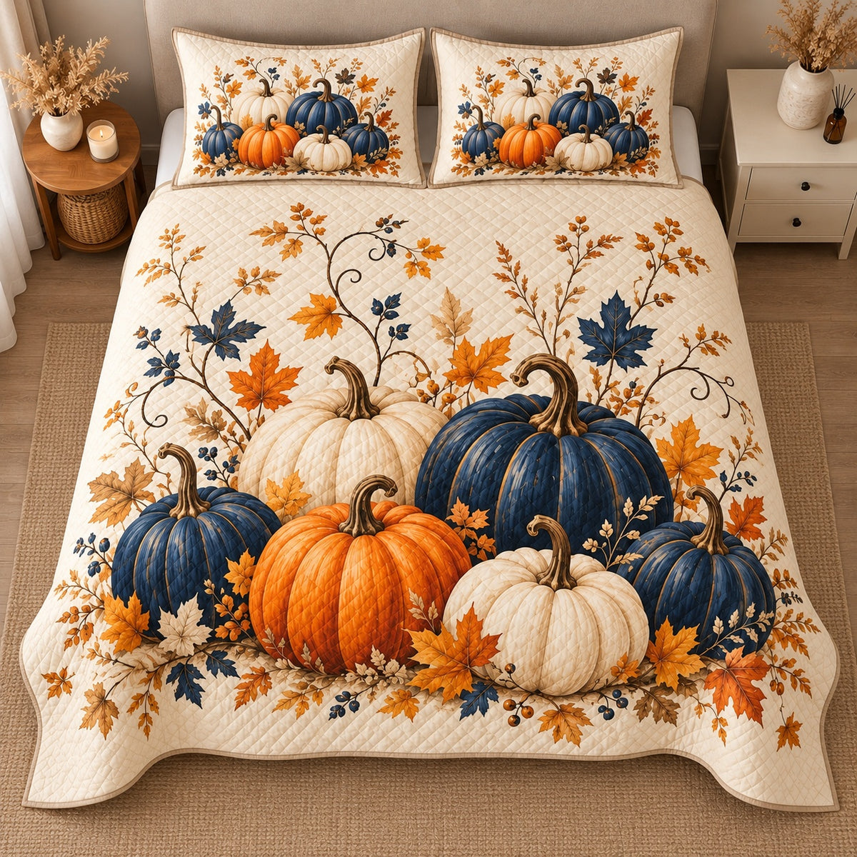 AI mockup, high centered overhead view of navy orange and ivory pumpkins with golden autumn leaves and curling vines on cream, quilt and two matching printed pillowcases in a neutral bedroom.