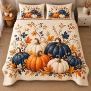AI mockup, high centered overhead view of navy orange and ivory pumpkins with golden autumn leaves and curling vines on cream, quilt and two matching printed pillowcases in a neutral bedroom.