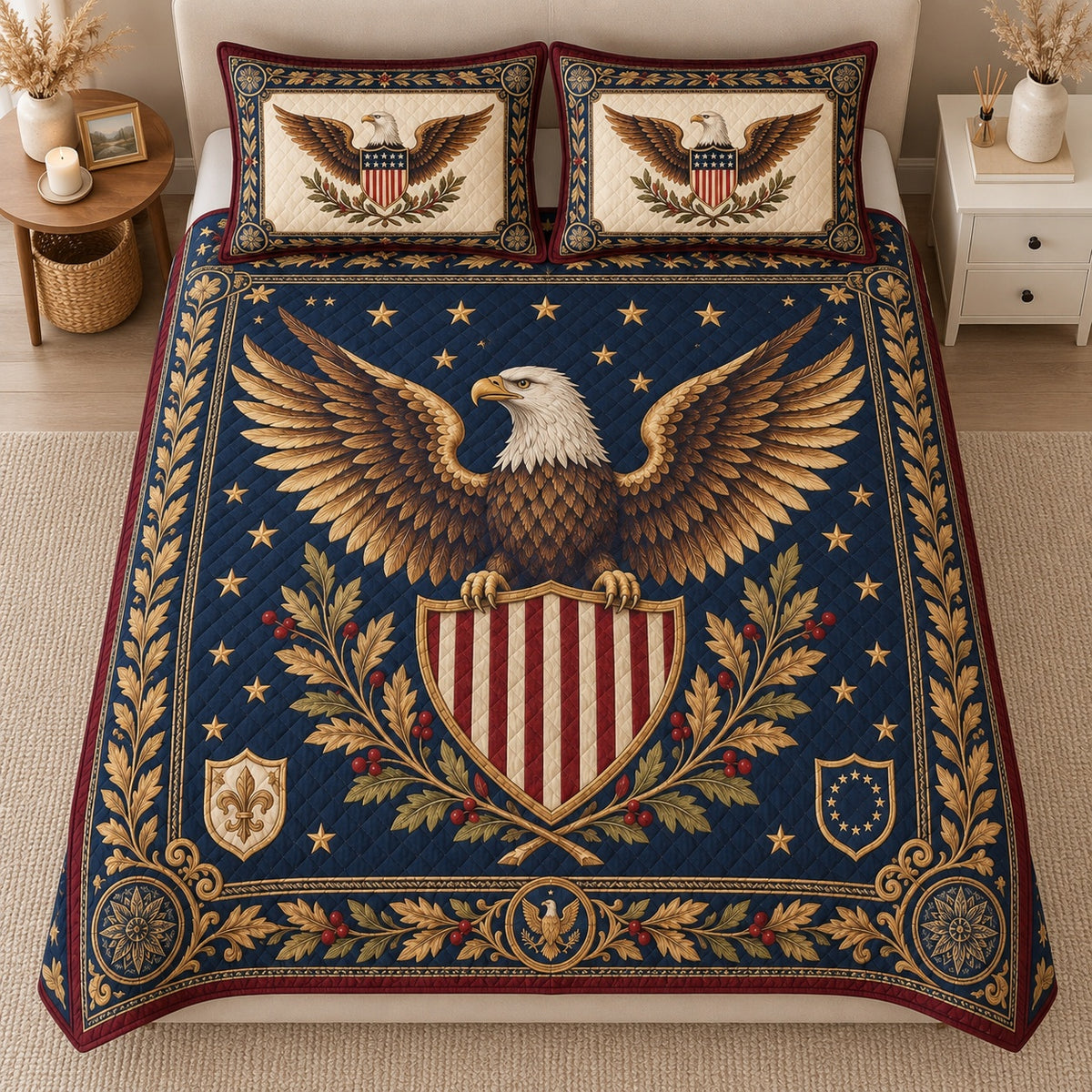 AI mockup, high centered overhead view of a bald eagle above an American striped shield with golden foliage and stars on navy, quilt and two matching printed pillowcases in a neutral bedroom.