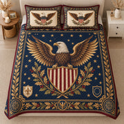 AI mockup, high centered overhead view of a bald eagle above an American striped shield with golden foliage and stars on navy, quilt and two matching printed pillowcases in a neutral bedroom.