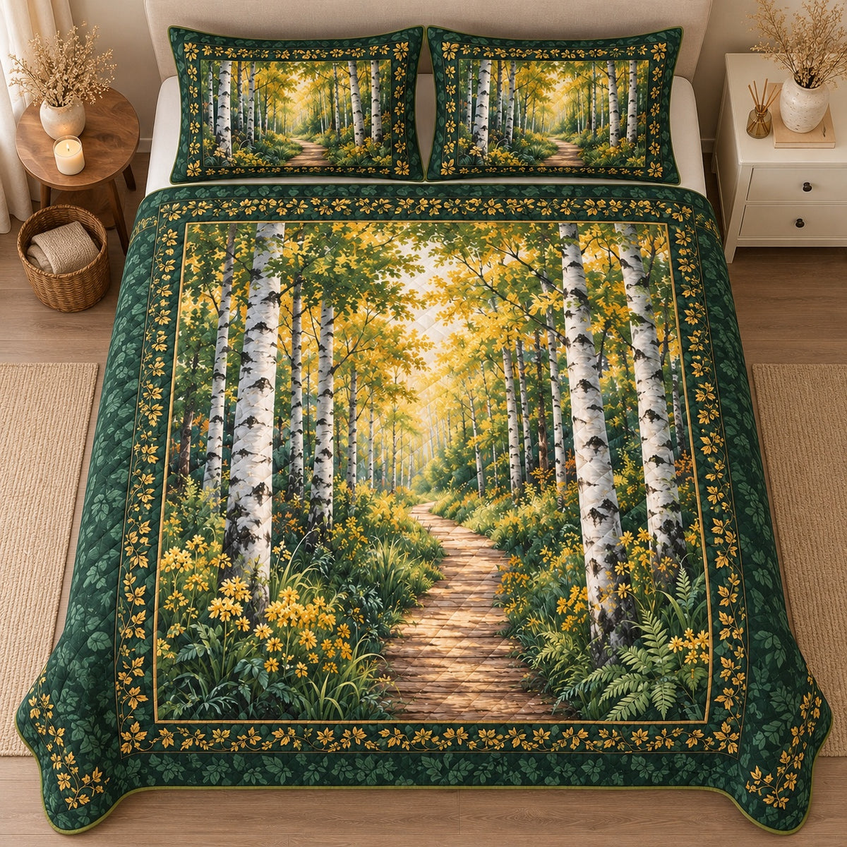 AI mockup, high centered overhead view of a sunlit path winding through a green birch forest with a dark green leafy border, quilt and two matching printed pillowcases in a neutral bedroom.