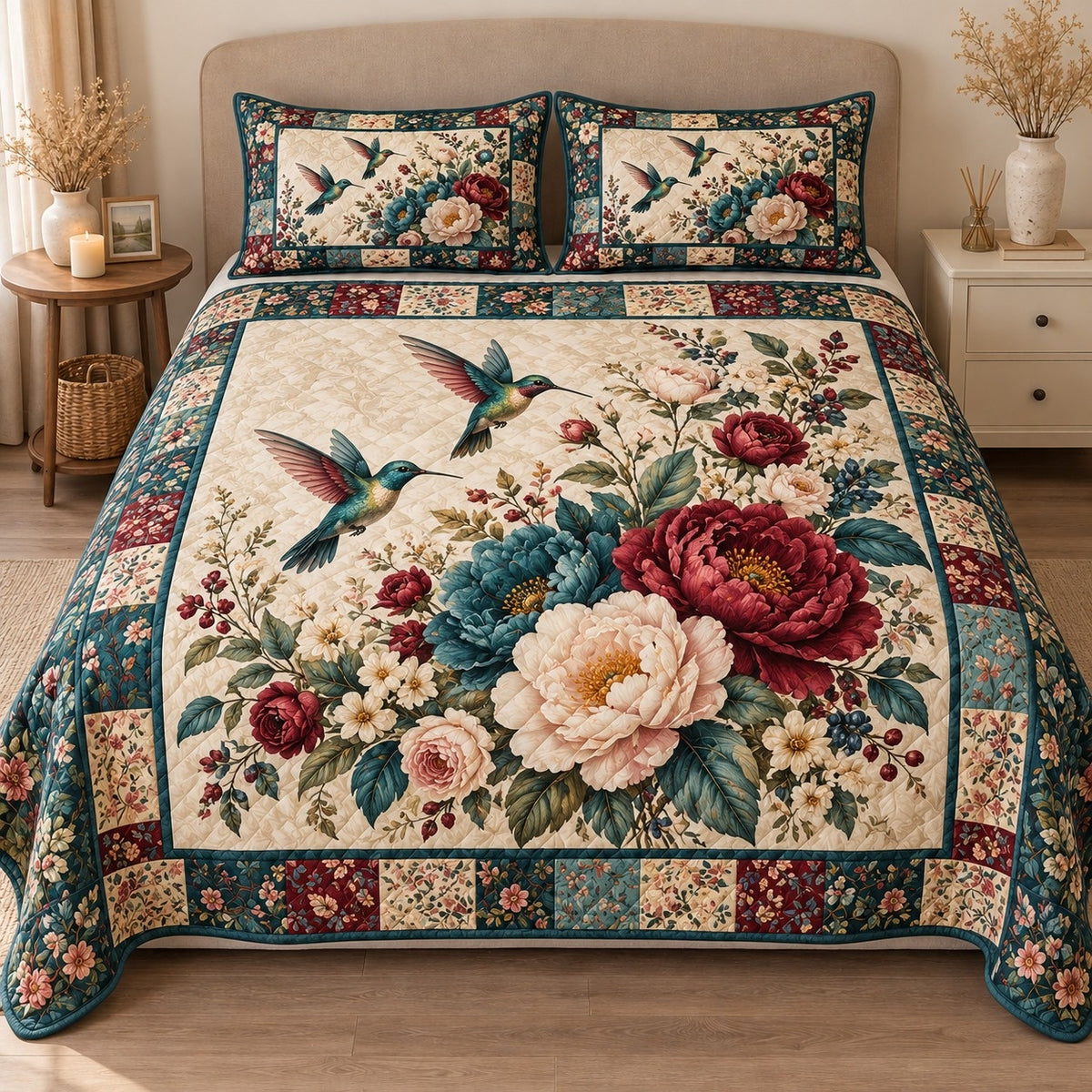 AI mockup, front view of hummingbirds flying among burgundy ivory and teal flowers with a floral patchwork border, quilt and two matching printed pillowcases in a neutral bedroom.