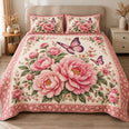Pink Peony Quilt Set, Soft Roses and Purple Butterflies, Gift for Flower Lovers
