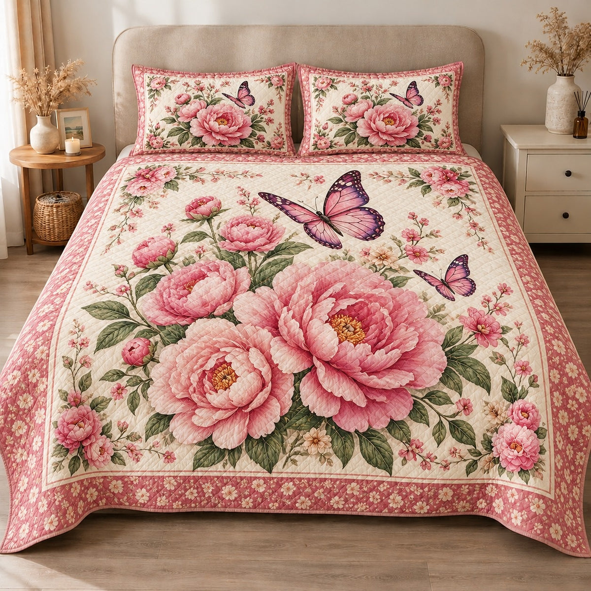 AI mockup, front view of large pink peonies and purple butterflies on ivory with a pink floral border, quilt and two matching printed pillowcases in a neutral bedroom.