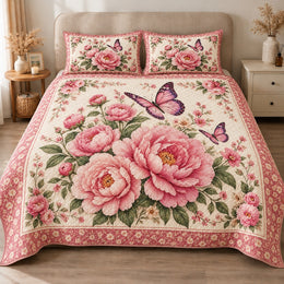 Pink Peony Quilt Set, Soft Roses and Purple Butterflies, Gift for Flower Lovers