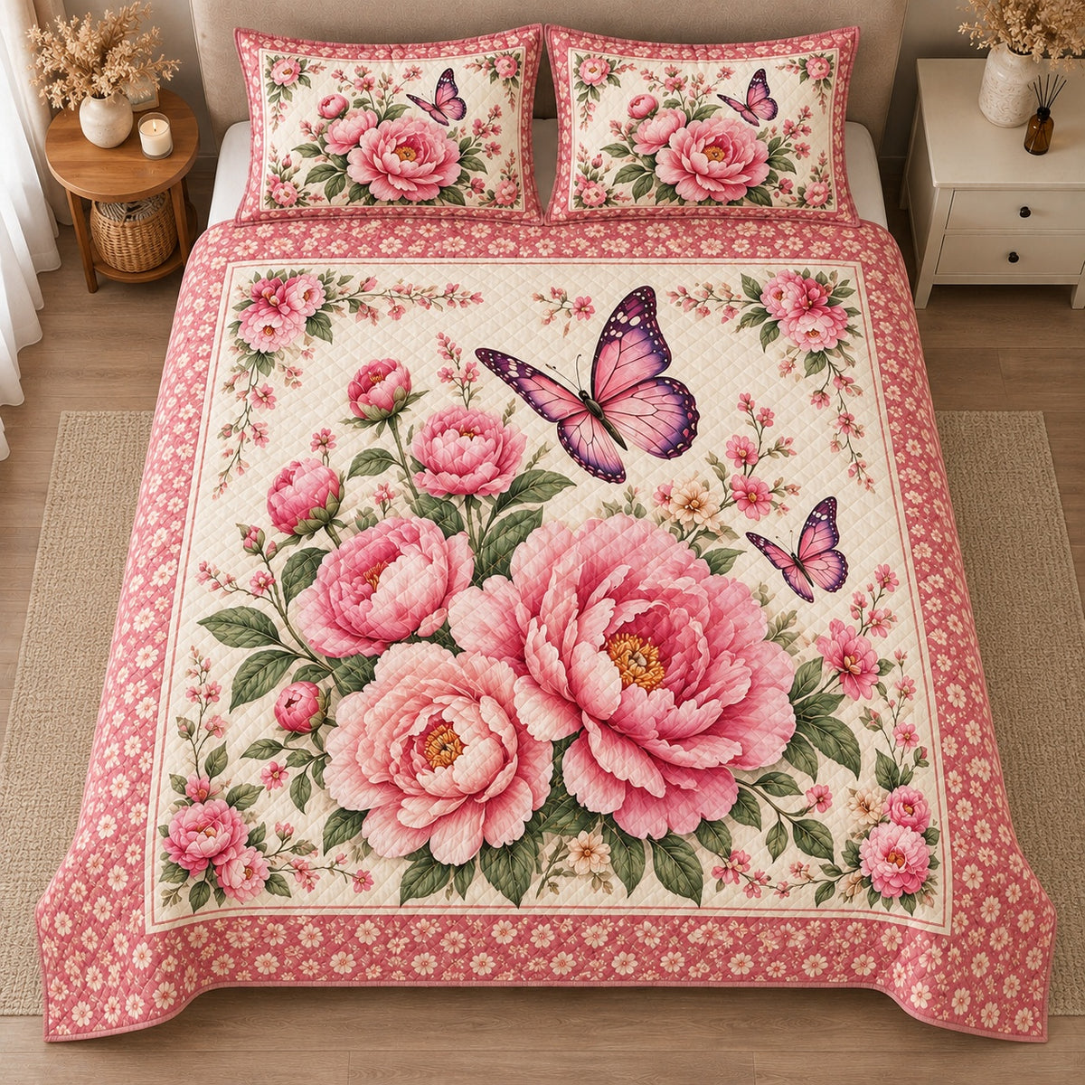 AI mockup, high centered overhead view of large pink peonies and purple butterflies on ivory with a pink floral border, quilt and two matching printed pillowcases in a neutral bedroom.