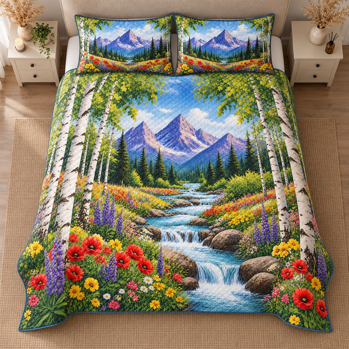 AI mockup, high centered overhead view of a cascading mountain stream, colorful wildflowers, birch trees and distant alpine peaks, quilt and two matching printed pillowcases in a neutral bedroom.
