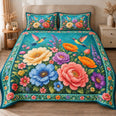 Colorful Floral Quilt Set, Teal Garden and Hummingbirds, Gift for Flower Lovers