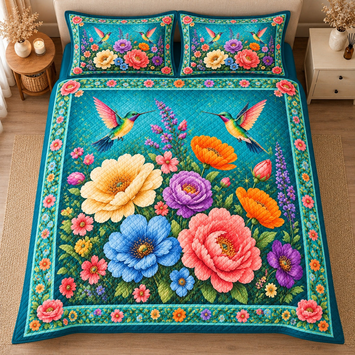 AI mockup, high centered overhead view of large multicolored garden flowers and hovering hummingbirds on bright teal, quilt and two matching printed pillowcases in a neutral bedroom.