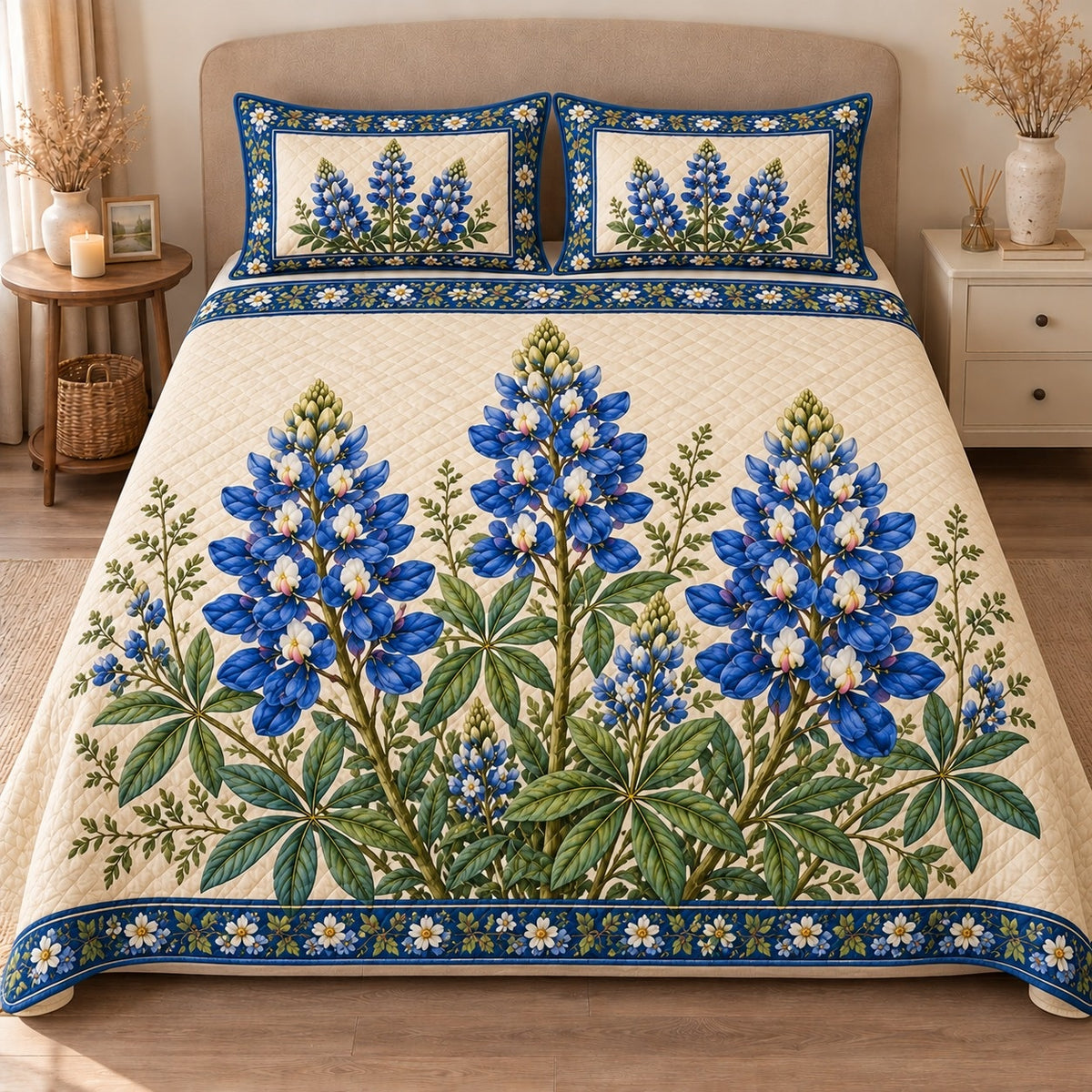 AI mockup, front view of bluebonnet flower spikes with green foliage on ivory with a blue floral border, quilt and two matching printed pillowcases in a neutral bedroom.