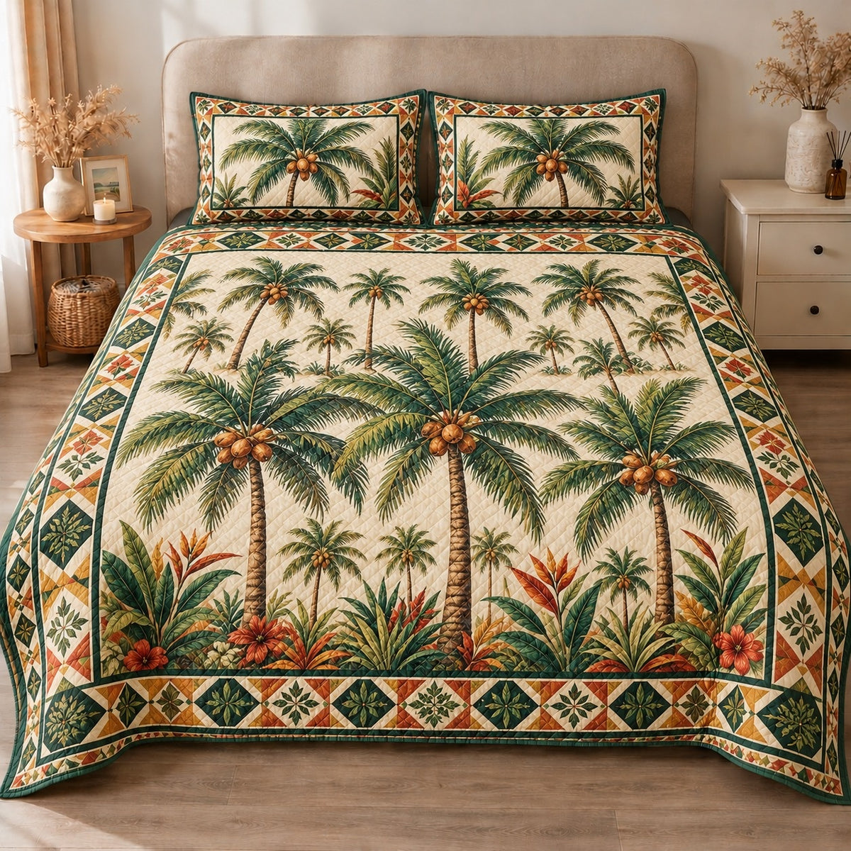 AI mockup, front view of a grove of coconut palm trees with tropical foliage and an earthy geometric border, quilt and two matching printed pillowcases in a neutral bedroom.